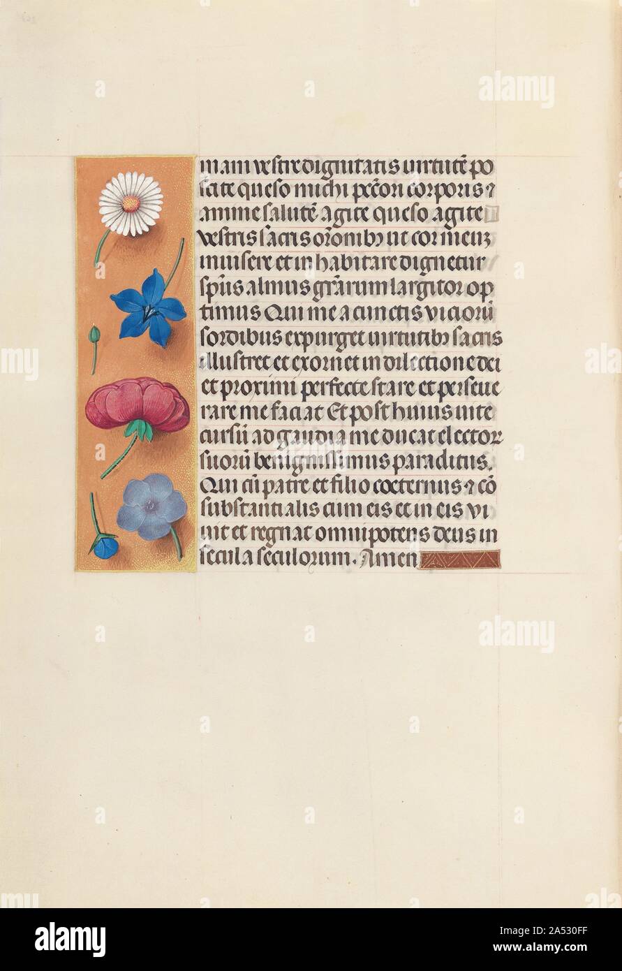 Stunden von Königin Isabella der Katholischen, Königin von Spanien: Fol. 263 V, Masse des St. Gregory, C. 1500. Dieses Manuskript wurde durch einen Kreis von mindestens fünf hoch organisierte Manuskript Maler aktiv in der flämischen Städte Gent und Brügge beleuchtet. Die wichtigsten Erleuchter war Alexander Bening, der die Mehrheit der Figuren des Buches bemalt. Manuskripte, die von diesem Kreis von Künstlern produziert werden, für die Dekoration ihrer Grenzen, die in der Regel mit einer reichen Auswahl an realistisch gemalten Blumen, Vögel und Schmetterlinge bekannt. Dieses Gebet Buch namens ein Buch von Stunden, war bestimmt nicht für ein Stockfoto