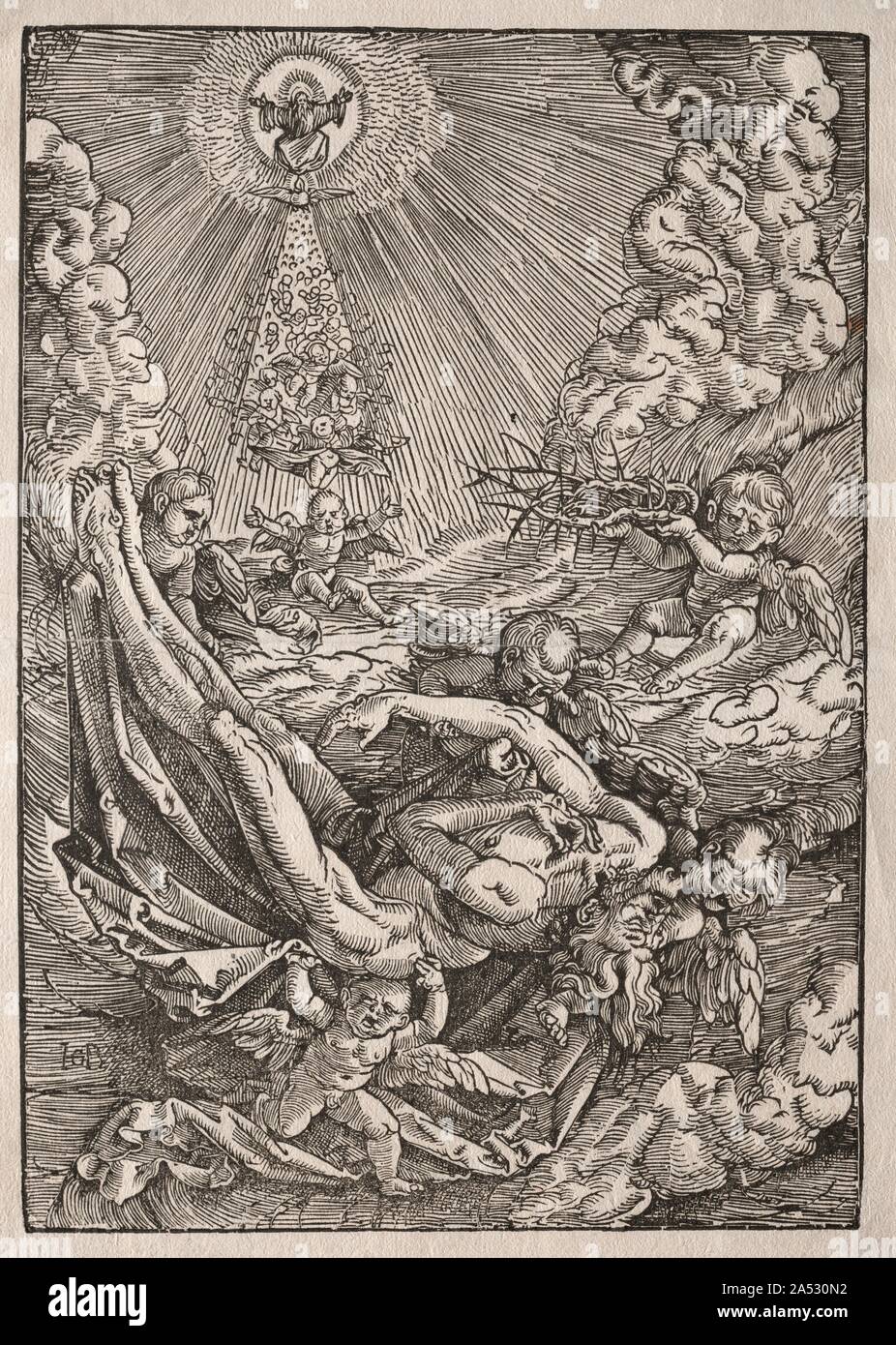 Christus zum Himmel von Engeln getragen, C. 1515-1517. Baldung, der in Straßburg lebte, war Albrecht D&#xfc;rer, die talentiertesten Schüler. Ein höchst origineller Künstler, er produzierte über 550 Holzschnitte. Der Ursprung der seinen Spitznamen, Grien, zu der die G in seinem Monogramm bezieht, ist unklar. Es kann auf seine Vorliebe für die Farbe Grün, oder es kann von Grienhans ableiten, d. h. Teufel (dämonische Phantasien in einige Werke des Künstlers angezeigt). Baldung oft vermieden konventionellen Kompositionen für eine innovative Darstellung von mehr Pathos und Drama. Obwohl eine lebendige Christus hatte lange Aufstieg gezeigt worden Stockfoto