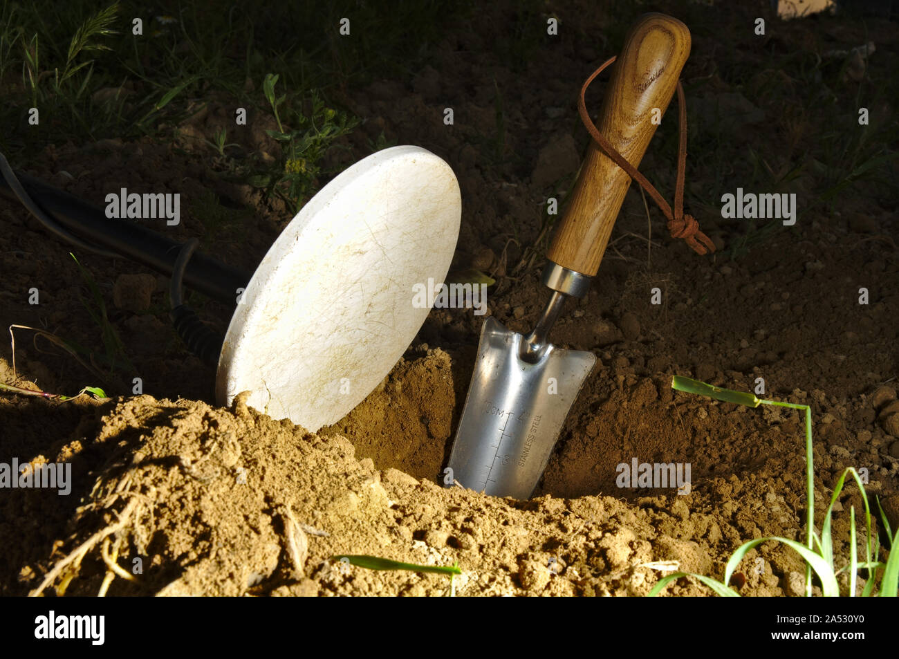 Metalldetektor: Graben auf der Suche nach Münzen mit einem Metalldetektor Stockfoto