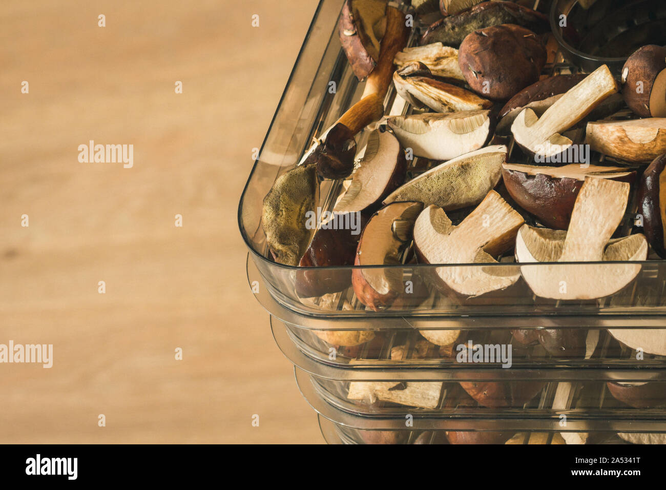 Gemüse Trockner auf Holztisch mit Holz- Hintergrund. Vorbereitung für das Trocknen von Pilzen. Stockfoto