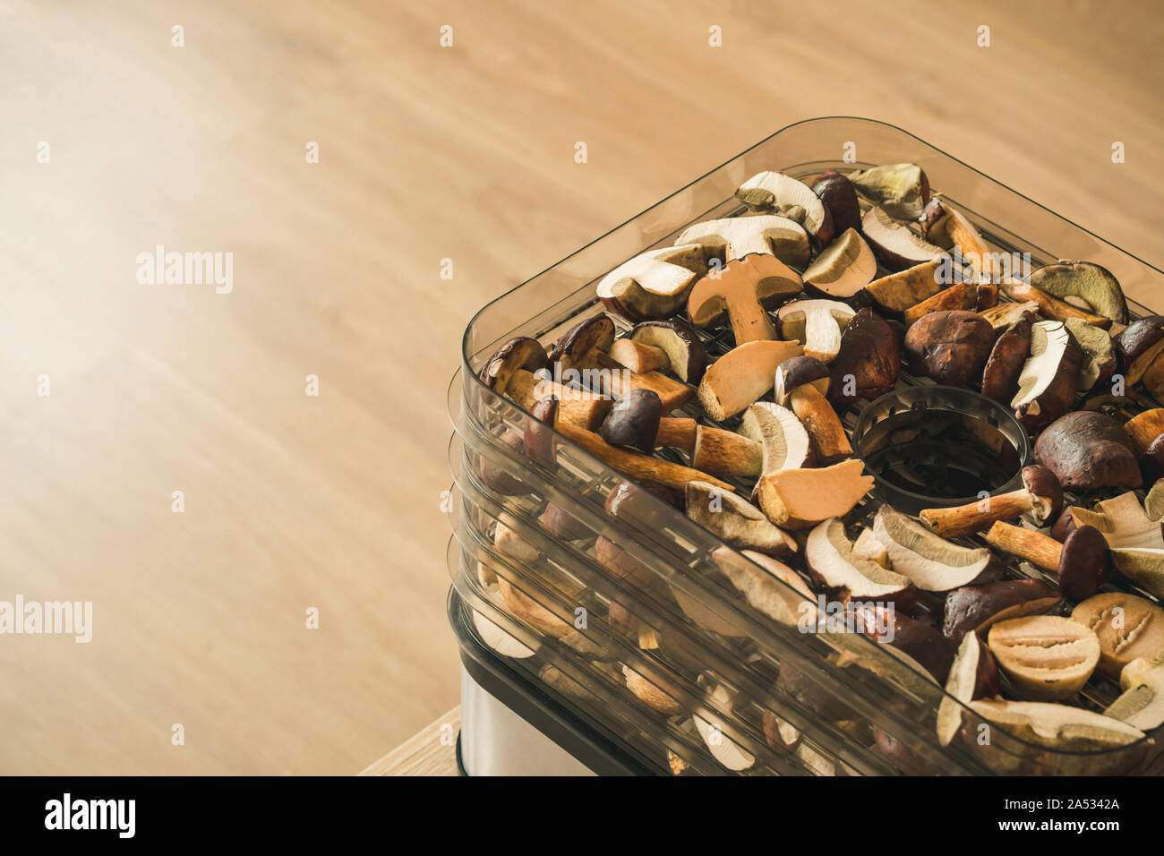 Gemüse Trockner auf Holztisch mit Holz- Hintergrund. Vorbereitung für das Trocknen von Pilzen. Stockfoto