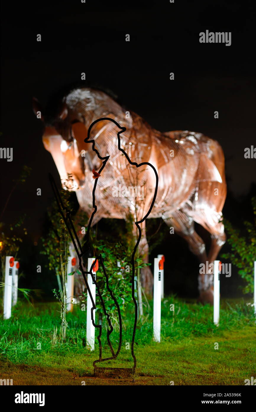 Krieg Pferd Skulptur am Mühlenteich Wiese in Featherstone, ist jetzt bei Nacht beleuchtet, dank einer neuen Beleuchtungsanlage. Stockfoto