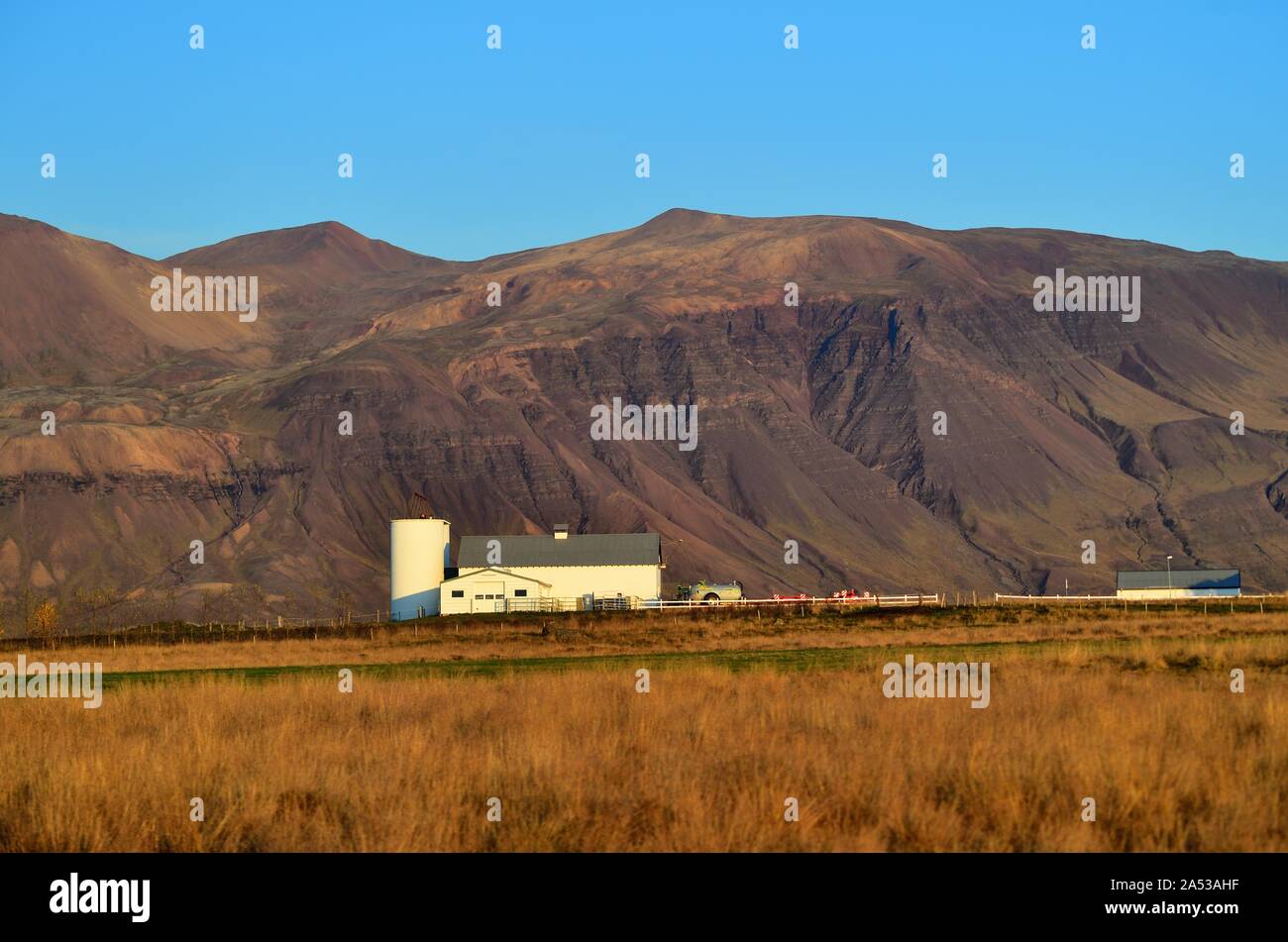 Skollanes, Island. Einen entfernten, abgelegenen Farm in der Nähe von Nähe Skollanes im Nordwesten von Island. Der Bauernhof ist unter vulkanischen Bergen gebildet. Stockfoto