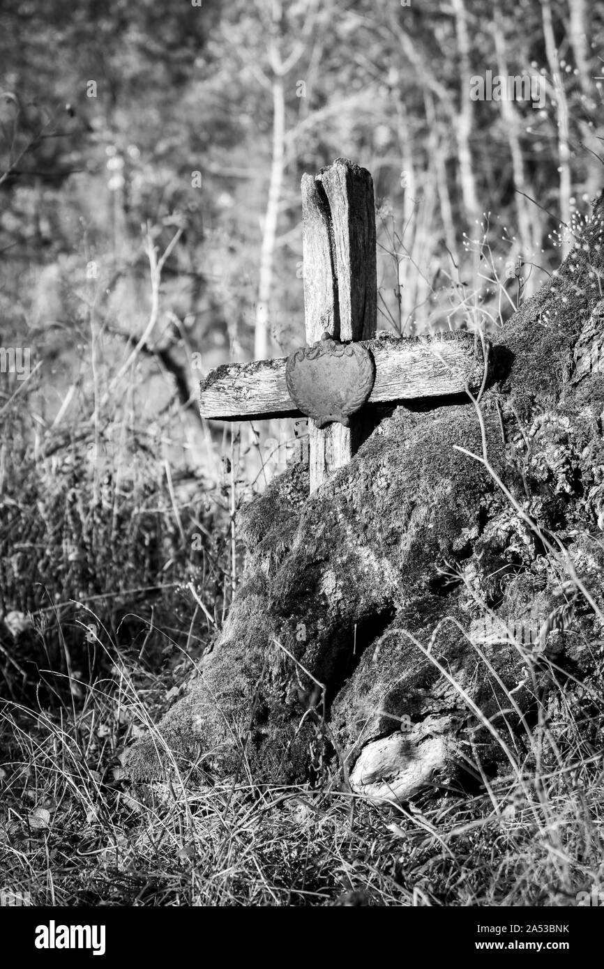 Sehr alte hölzerne Kreuz eingewachsene in einen Baum auf dem Grab im Friedhof. Bieszczady, Polen, Europa. Stockfoto