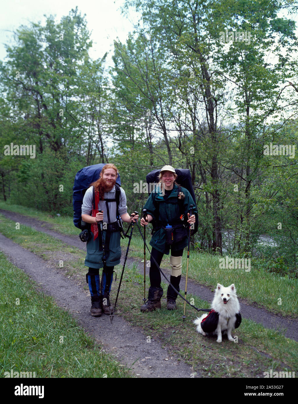 Zwei zweibeinige Wanderer und einem Vierbeiner auf dem Appalachian Trail, Damaskus, Virginia Stockfoto