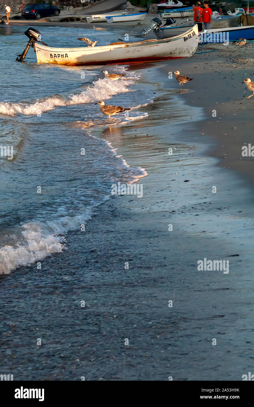 Fischerboot an der Küste; Varna Bulgarien; Stockfoto