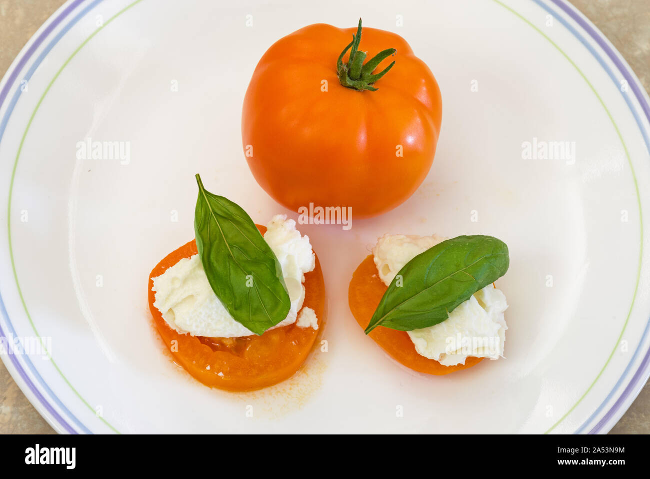 Frische heimische Garten Tomaten Käse und Basilikum Snack auf einem Teller mit einem ganzen Tomaten Stockfoto