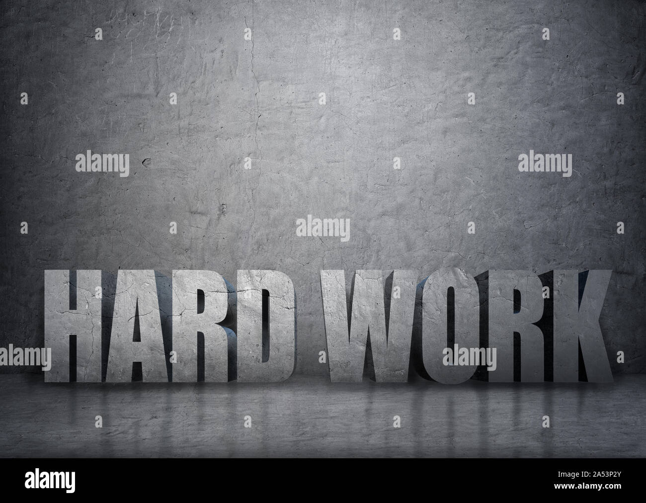 Große 3d konkrete Worte "harter Arbeit" in Stein Innenraum Stockfoto