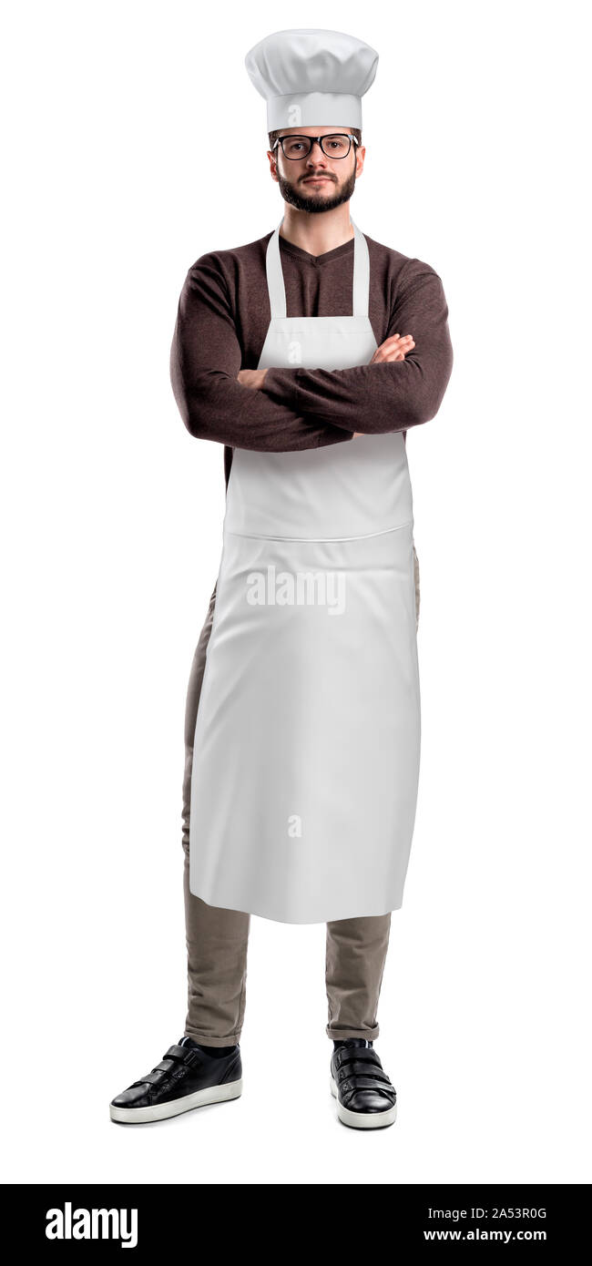 Koch tragen weiße Schürze und Mütze auf weißem Hintergrund Stockfoto