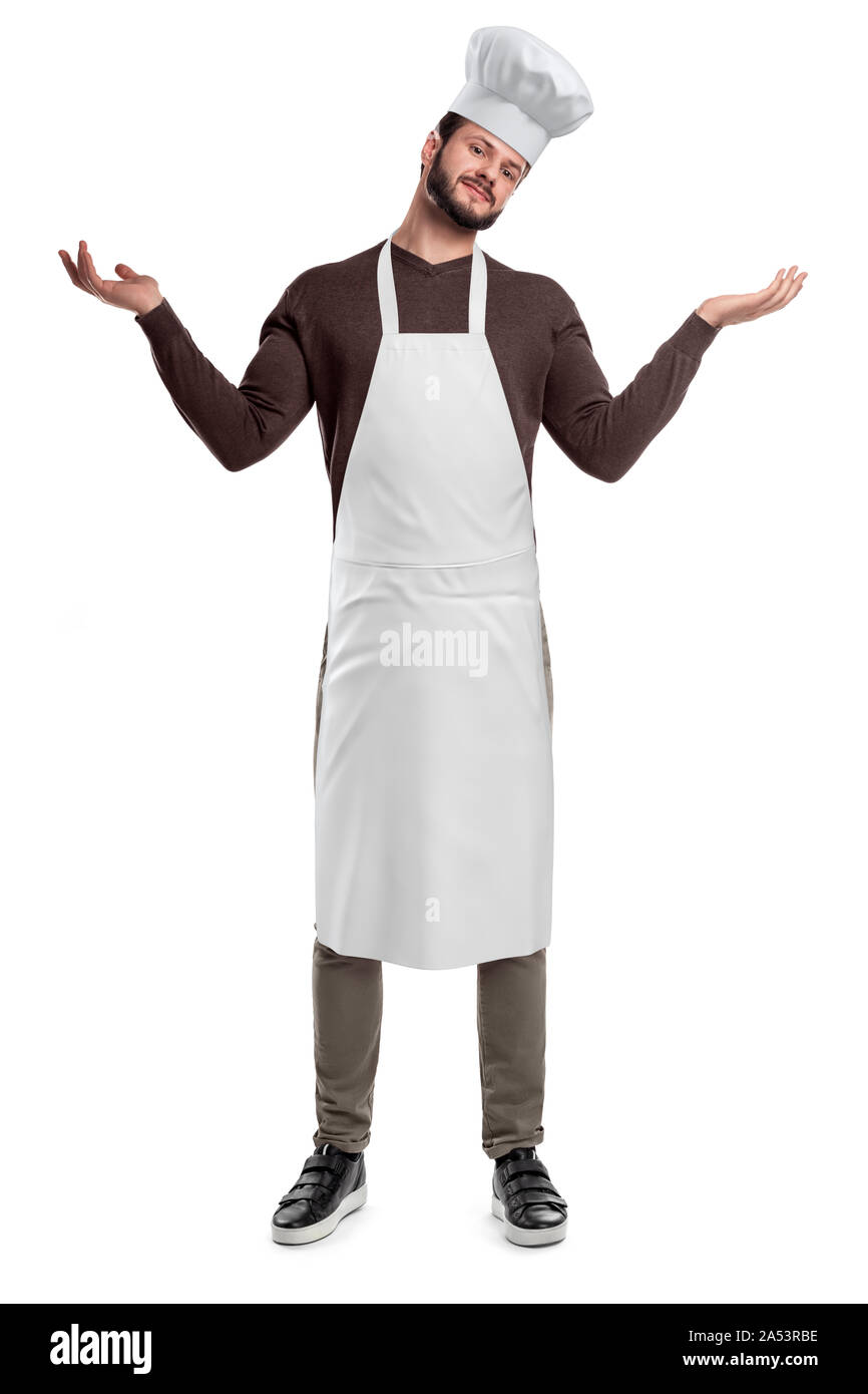 Koch mit weißen Schürze und Hut heben die Hände auf weißem Hintergrund Stockfoto