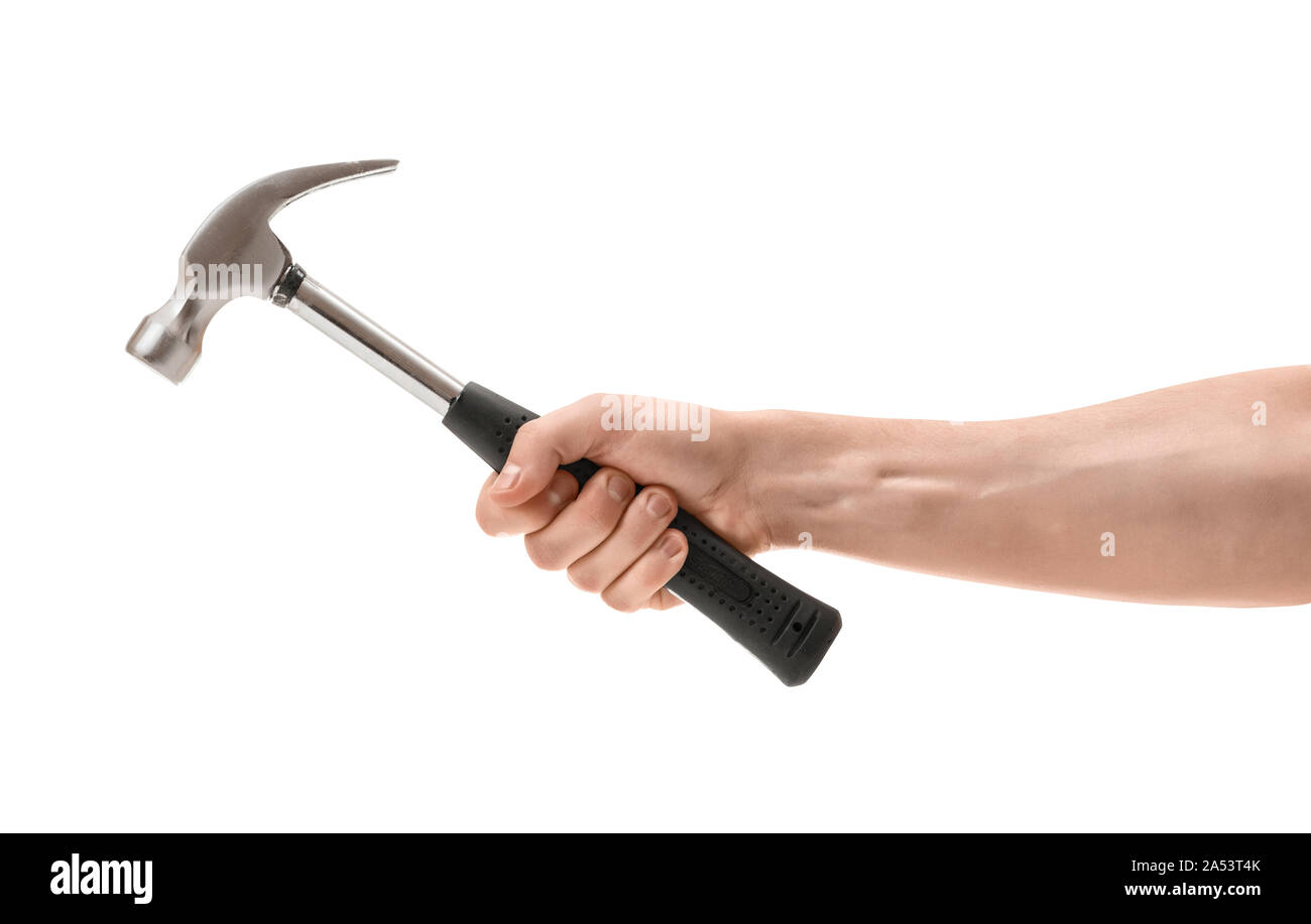 Nahaufnahme eines Menschen Hand Holding hammer, auf weißem Hintergrund Stockfoto