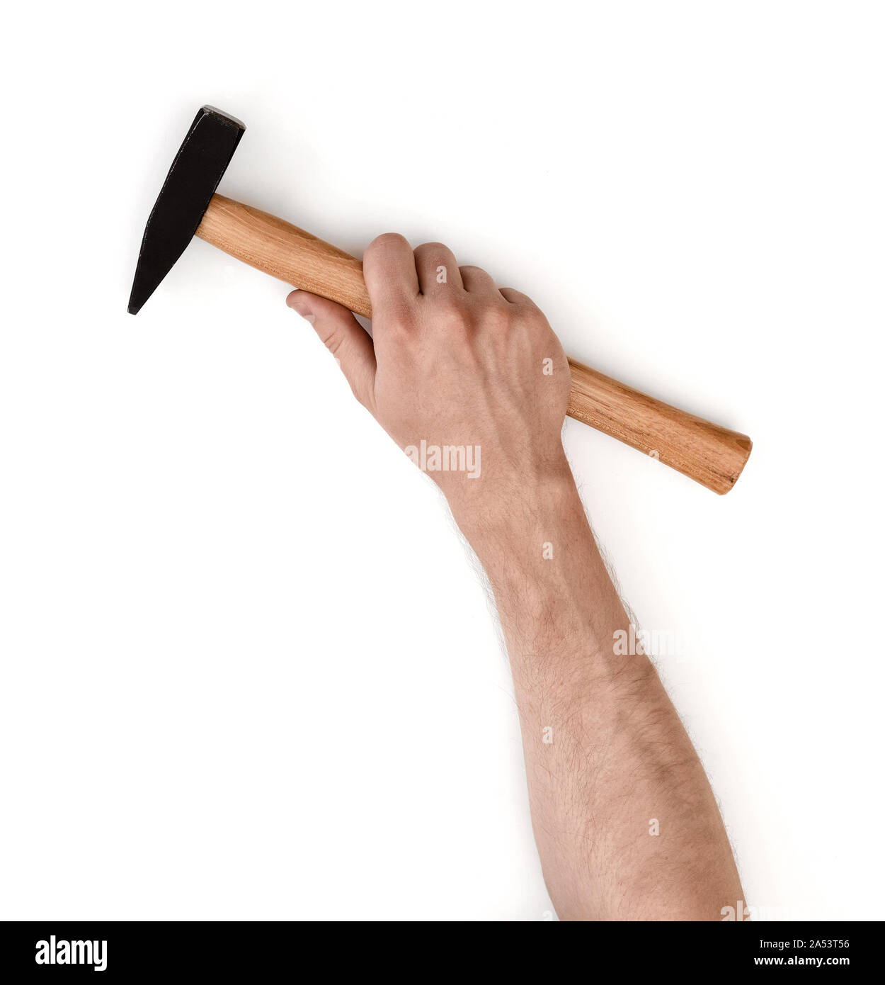 Nahaufnahme eines Menschen Hand Holding hammer, auf weißem Hintergrund Stockfoto