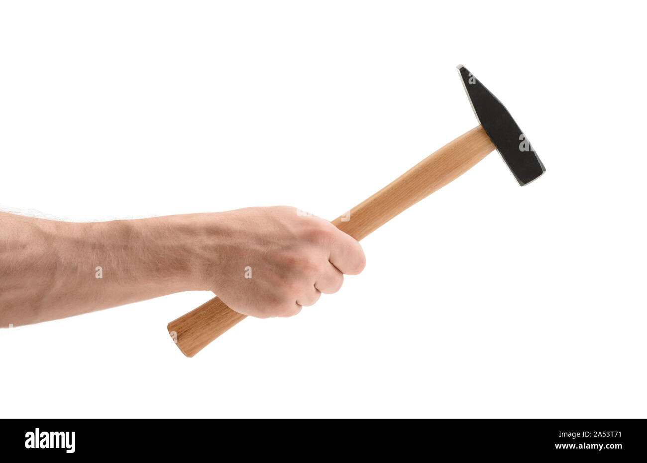 Nahaufnahme eines Menschen Hand Holding hammer, auf weißem Hintergrund Stockfoto