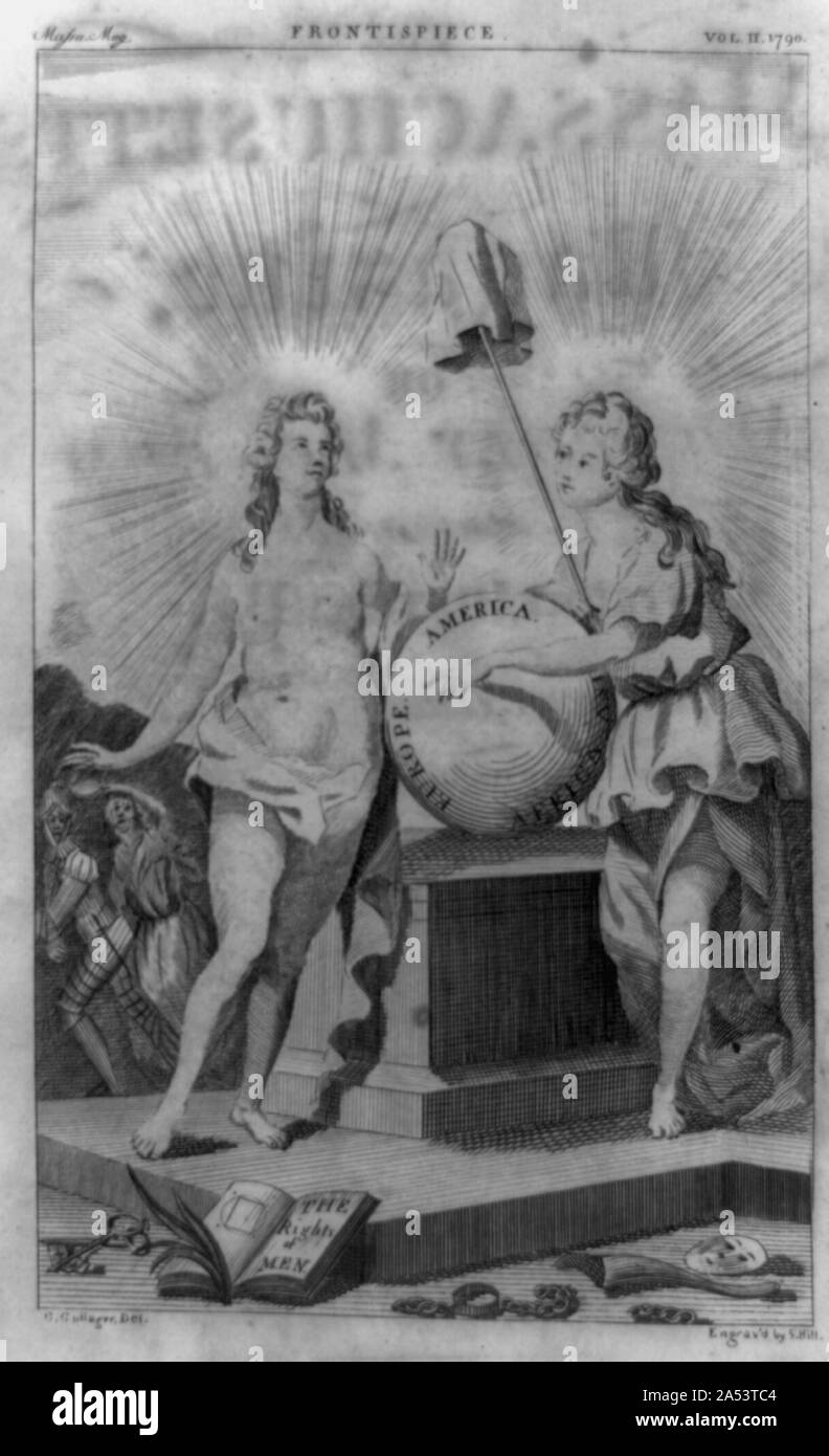 Zwei Frauen, die auf der Plattform neben Amerika, Europa, Afrika und Asien, mit Ketten, Schlüssel und Buch zu Seite geöffnet, die die Rechte der Männer an der Basis der Plattform]/C. Gullager, del gekennzeichnet zu schützen. Stockfoto