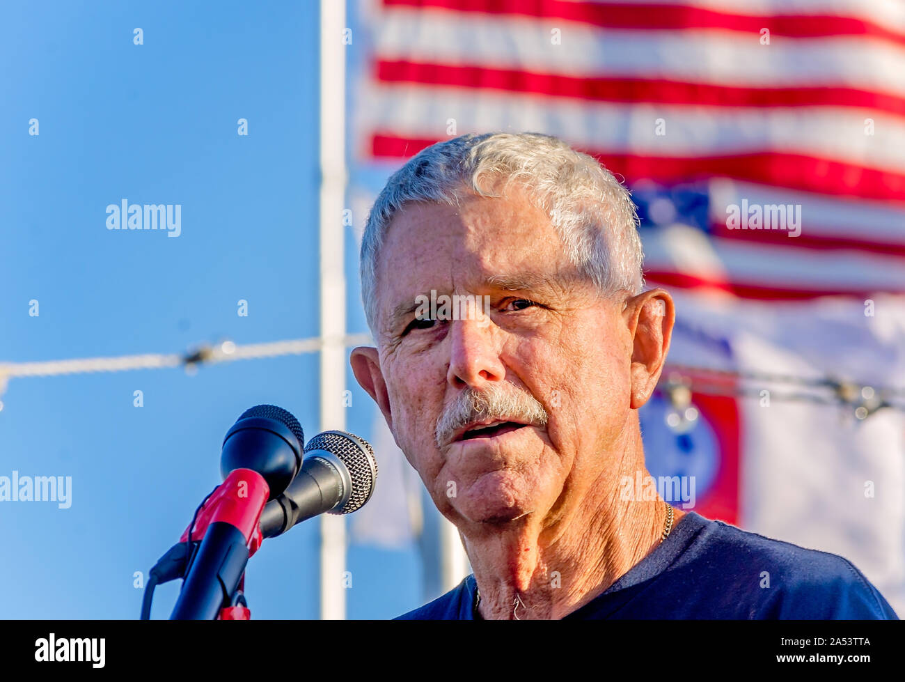 Mexiko Strand Bürgermeister Al Cathey spricht an der einjährigen Jahrestag des Hurrikans Michael, Oktober 10, 2019, in Mexiko Strand, Florida. Stockfoto