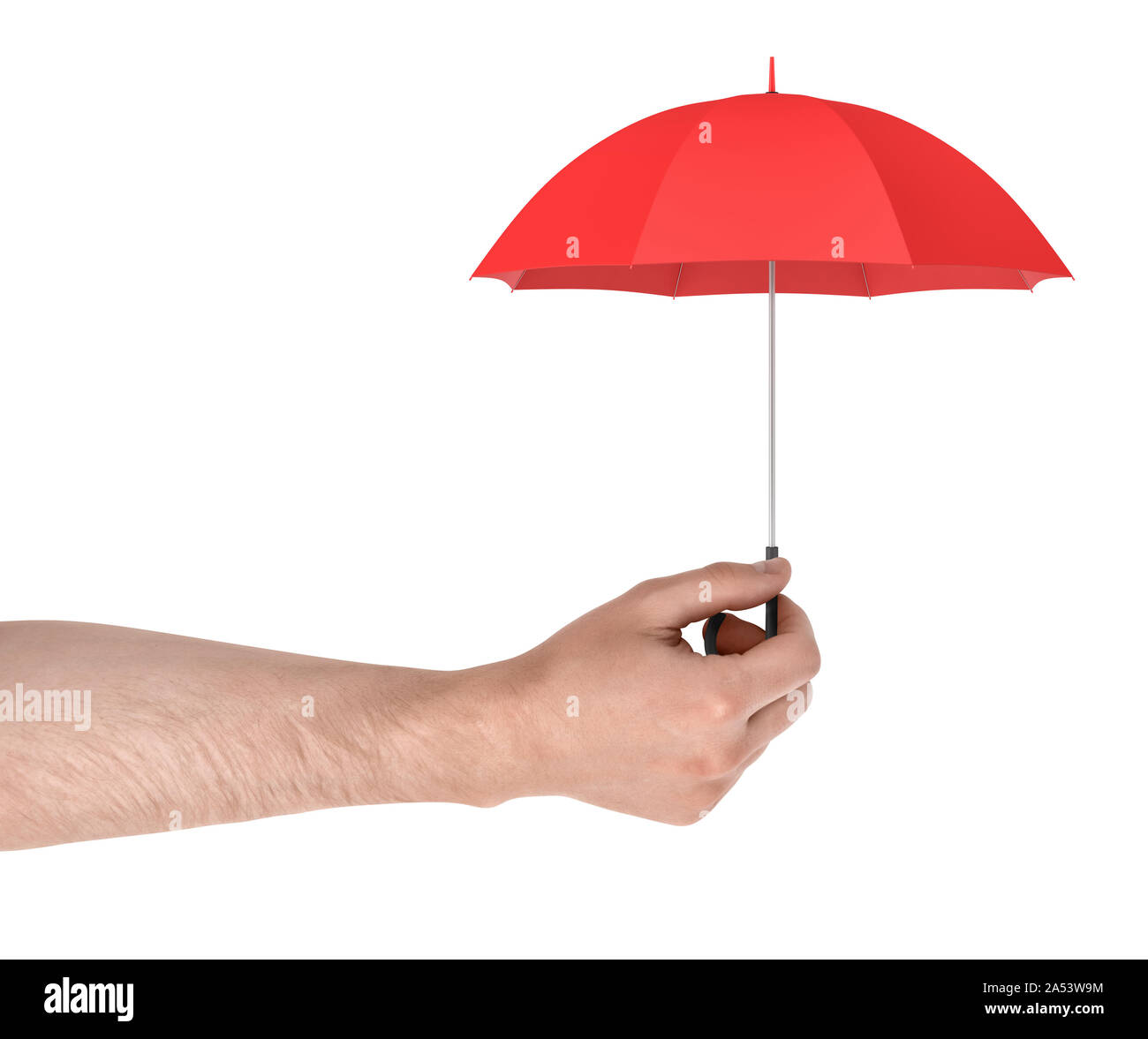 Hand des geschäftsmannes, der den roten regenschirm hält, um rotes auto zu  schützen