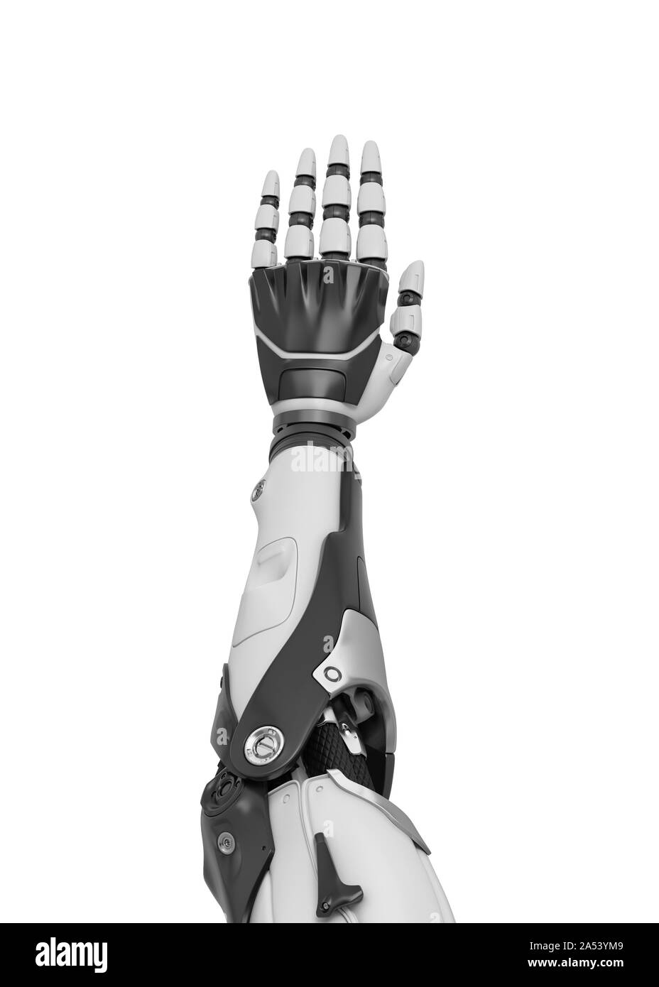 3D-Rendering von einer weißen und einer schwarzen Roboterhand vertikal von der Rückseite des Palm angezeigt. Stockfoto