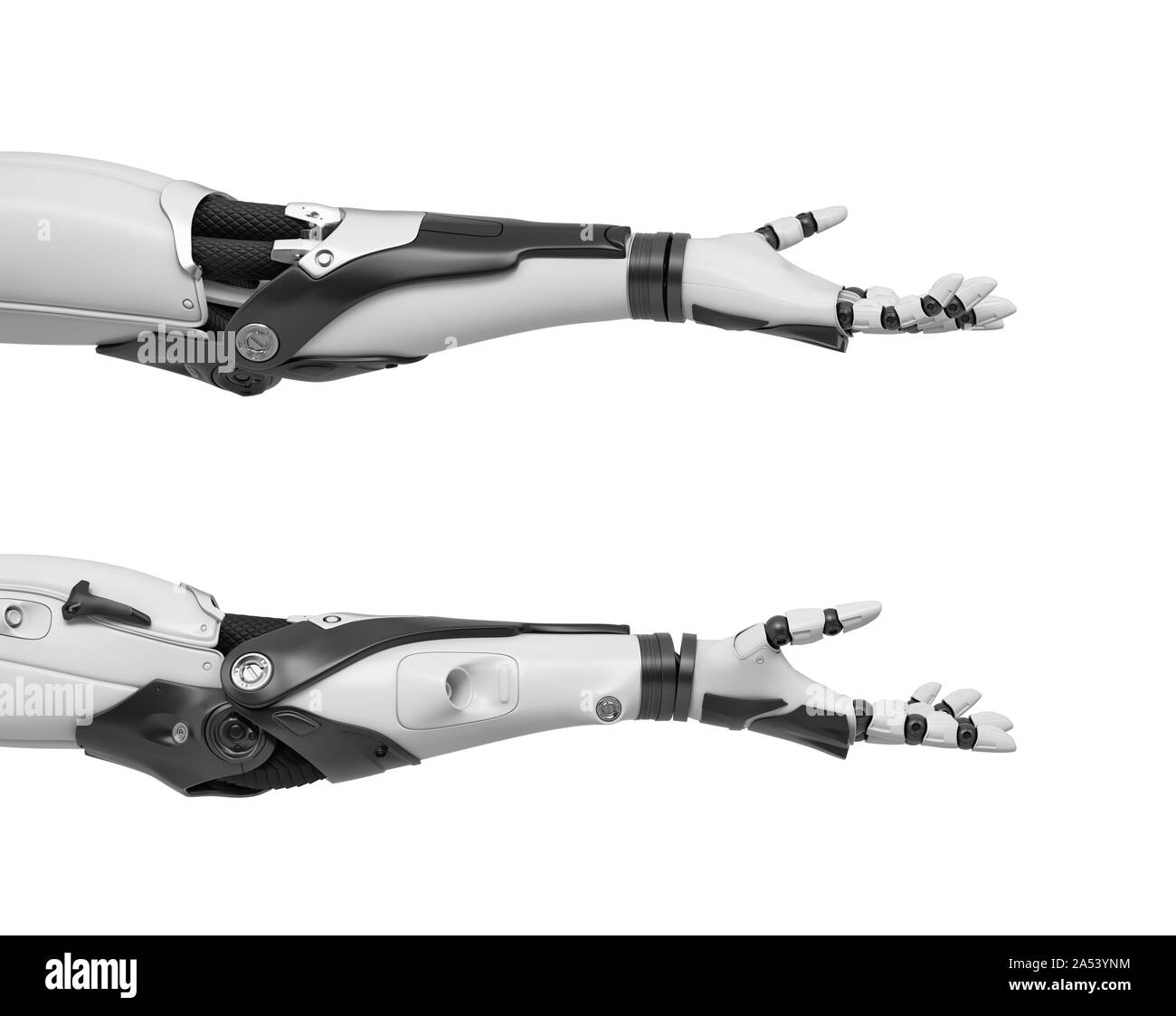 3D-Rendering von zwei schwarzen und weißen Roboterarme horizontal mit offenen Palmen in freundliche Geste gezeigt. Stockfoto