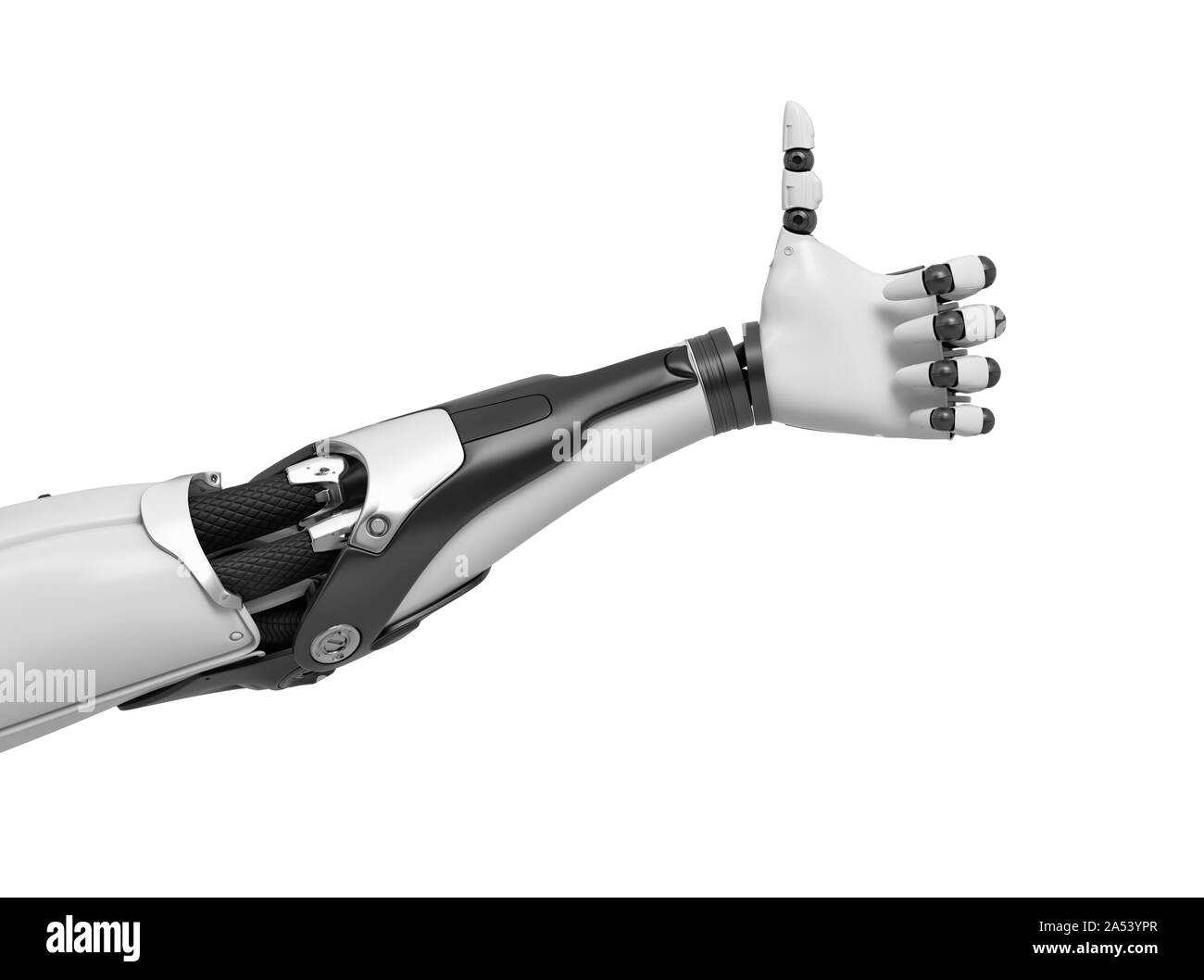 3D-Rendering eines Schwarzen und Weißen robotic Hand Daumen - bis zur Genehmigung Geste. Stockfoto