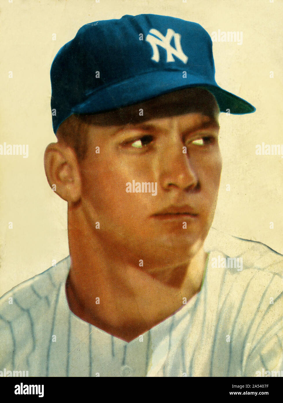Vintage Farbe Porträt einer jungen Mickey Mantle die Hall of Fame Baseball spieler mit der New York Yankees in den 1950er und 1960er Jahren. Stockfoto