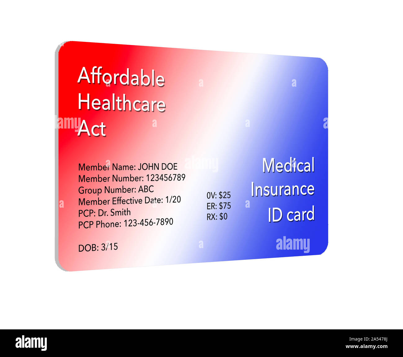 Hier ist ein mock Generische erschwingliche Gesundheitsversorgung Handeln Krankenversicherung ID-Karte. Stockfoto
