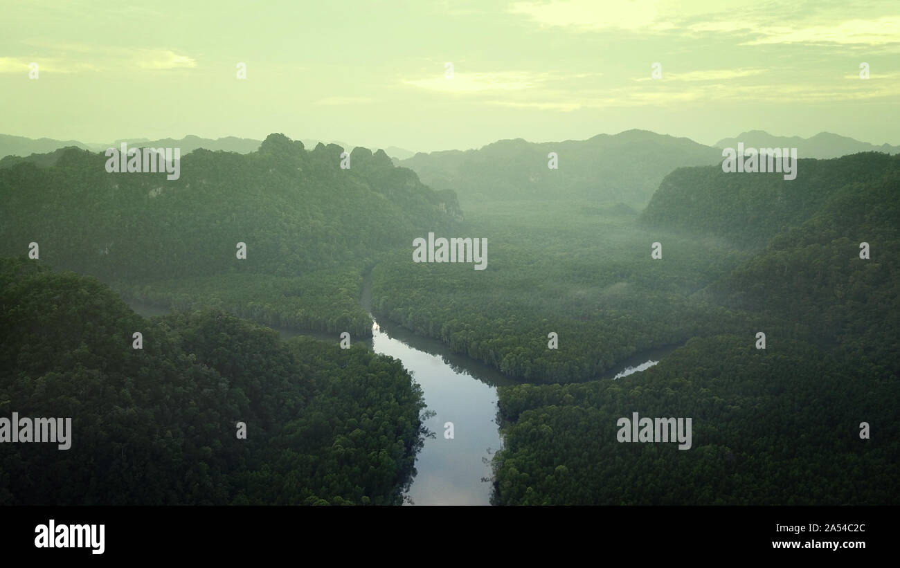 Sonnenaufgang im Regenwald. Langkawi Wald, drone Ansicht Stockfoto