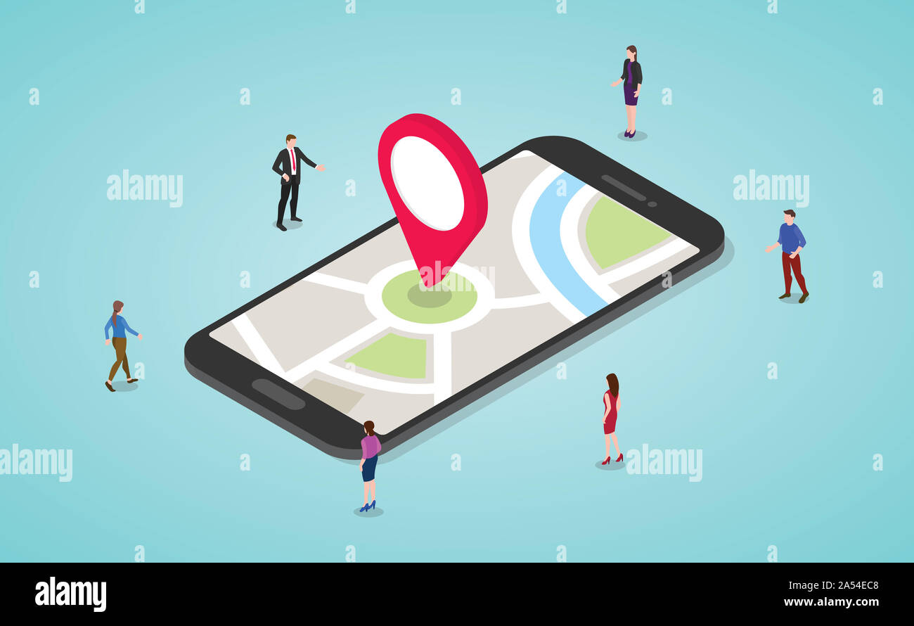 Gps-Navigation Konzept mit Menschen und Smartphone und Karten und Marker mit modernen isometrische Flat Style-Vector Illustration Stockfoto