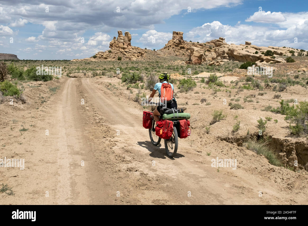 NM 00143-00 ... NEW MEXICO - Vicky Feder Radfahren die Große Mountainbike Route zwischen San Mateo Federn und Ojo Frio Feder in McKinley Divide County Stockfoto