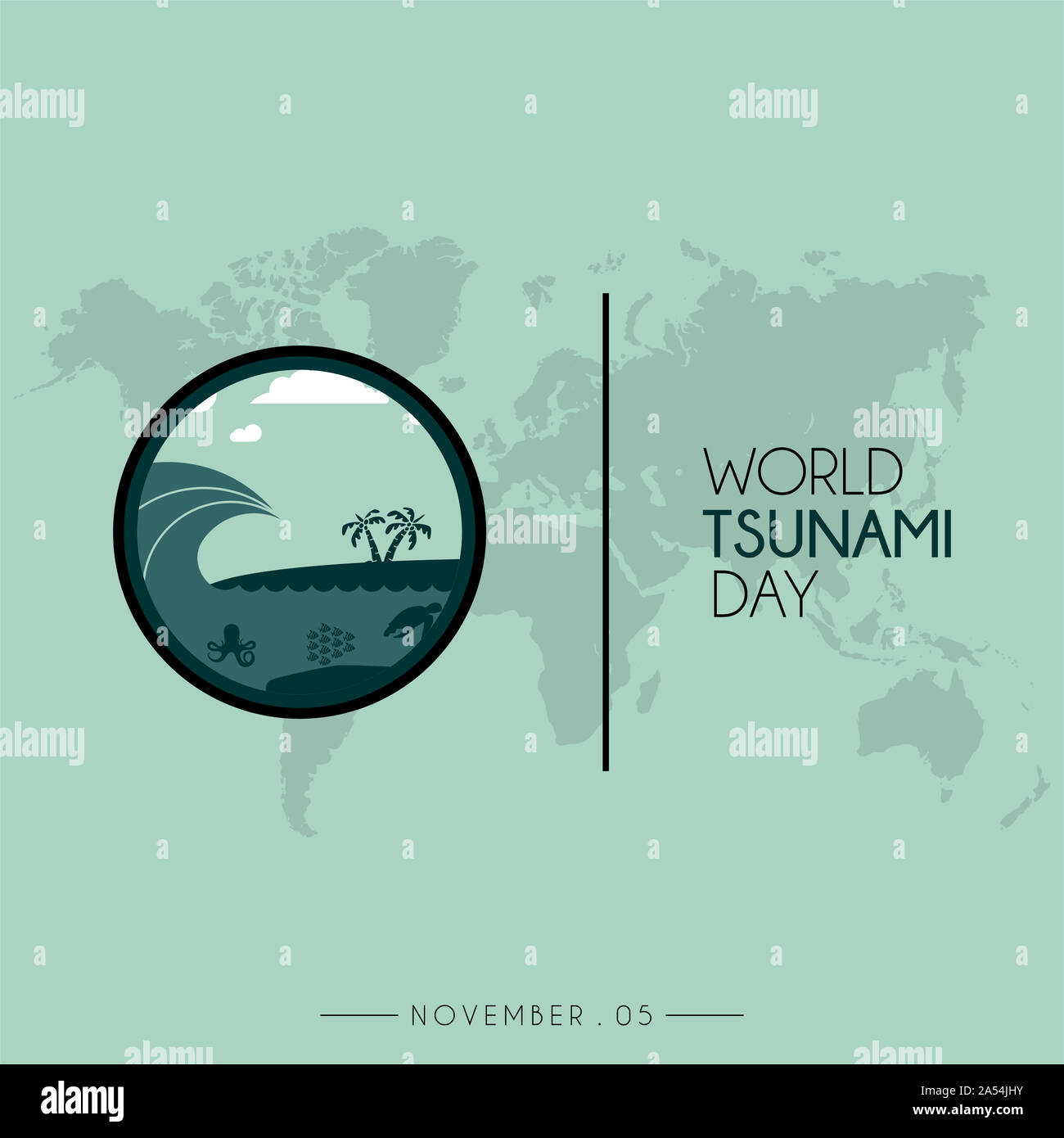 Welt Tsunami Tag Symbol vektor design, von der Küste und der Meeresfauna mit Weltkarte sichtbar Stockfoto