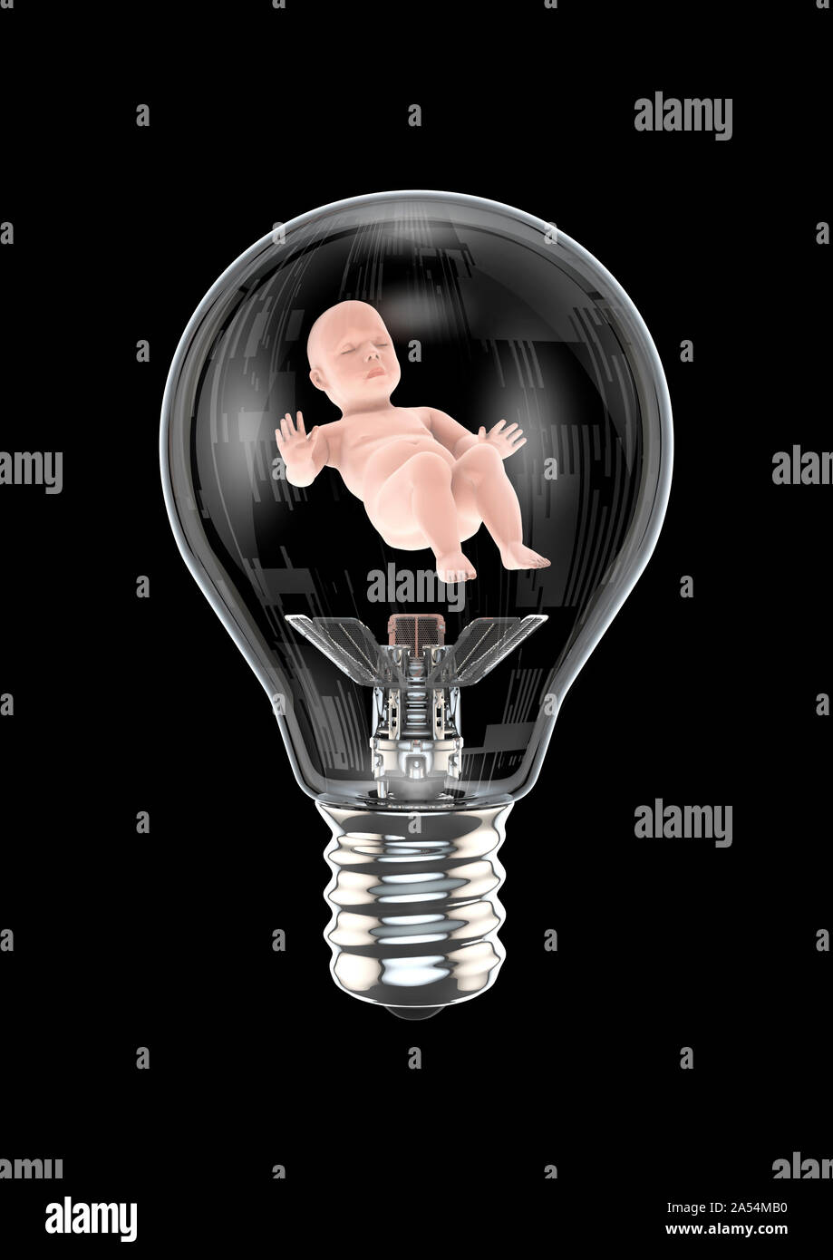 Baby Glühlampe/3D-Abbildung der menschlichen Kind schlafen friedlich Innen futuristische Lampe Stockfoto