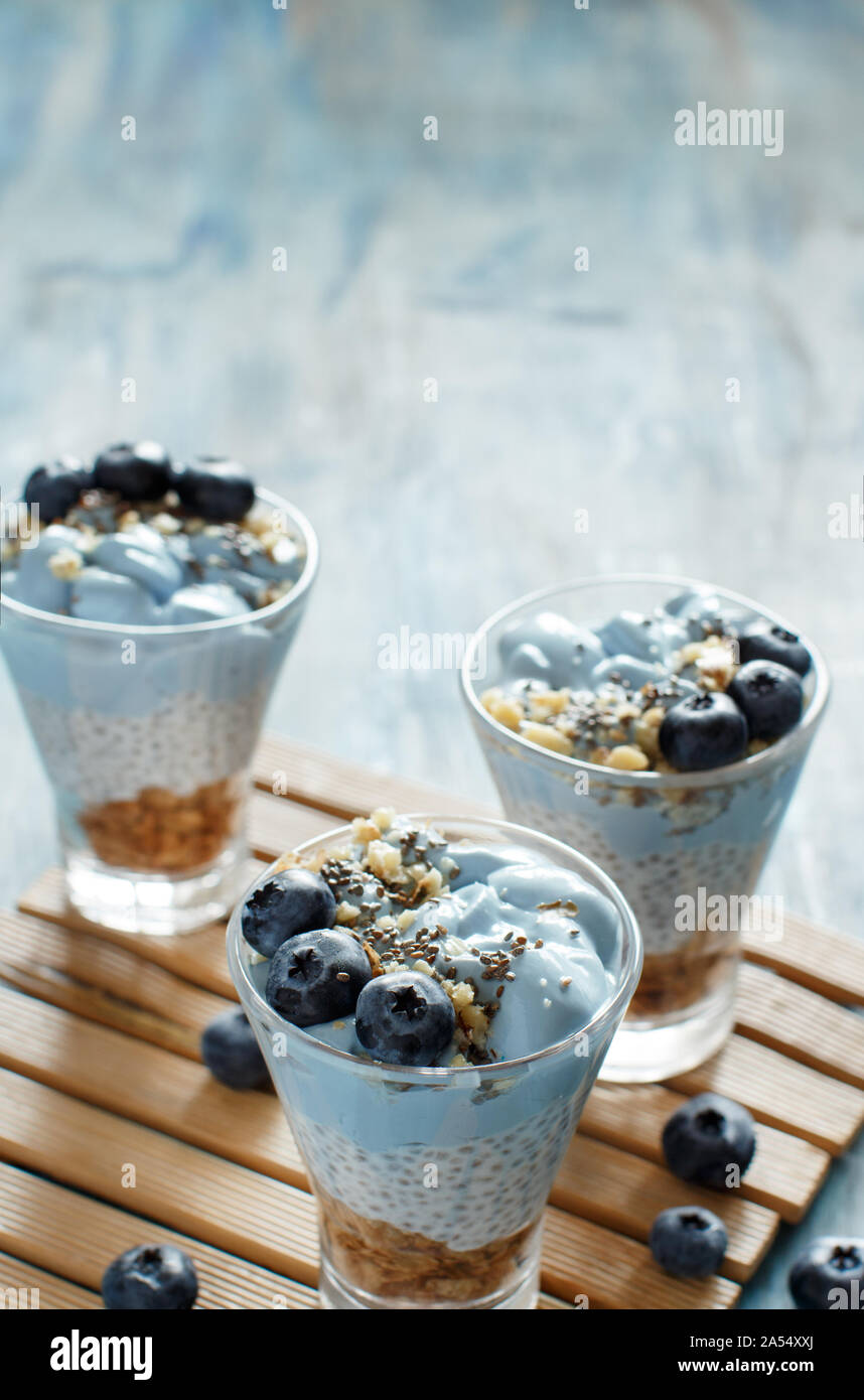Heidelbeeren und Joghurt Chia pudding Parfait in einem Glas Nahaufnahme Stockfoto