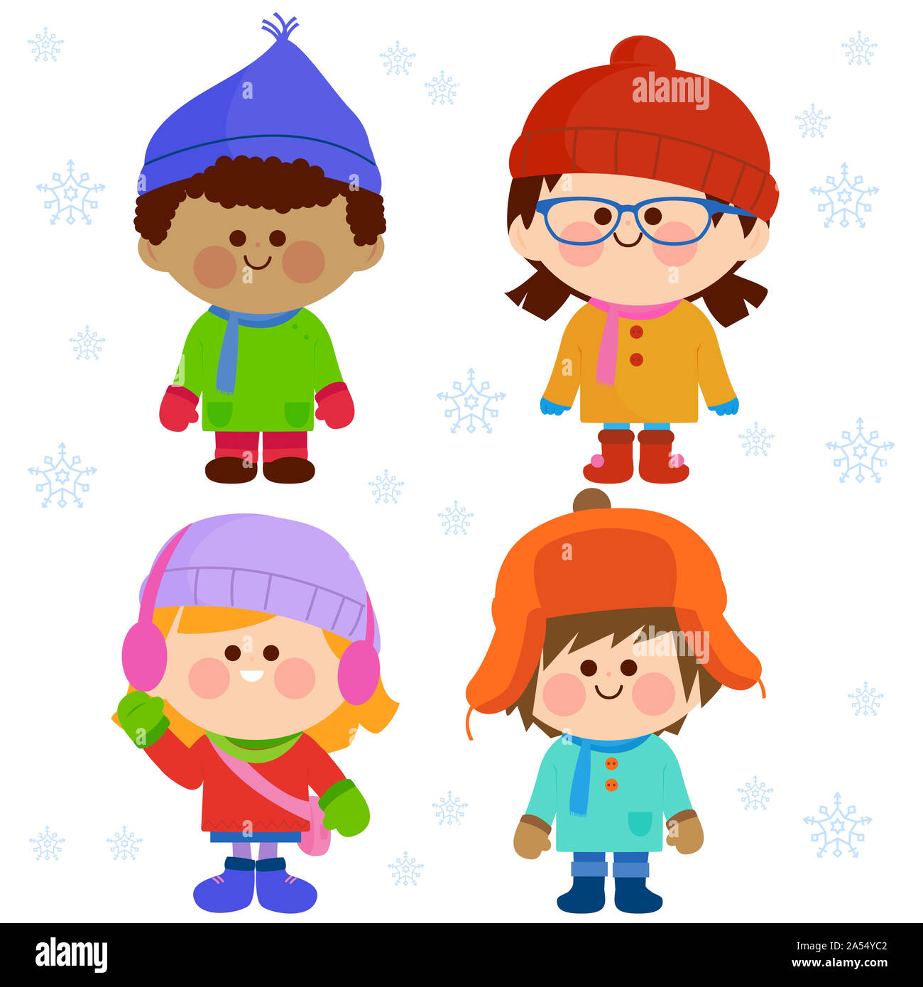 Eine fröhliche Gruppe von Kindern in Winterkleidung. Mäntel, Hüte und Handschuhe. Kinder in Kleidung und Accessoires für kaltes Wetter. Stockfoto