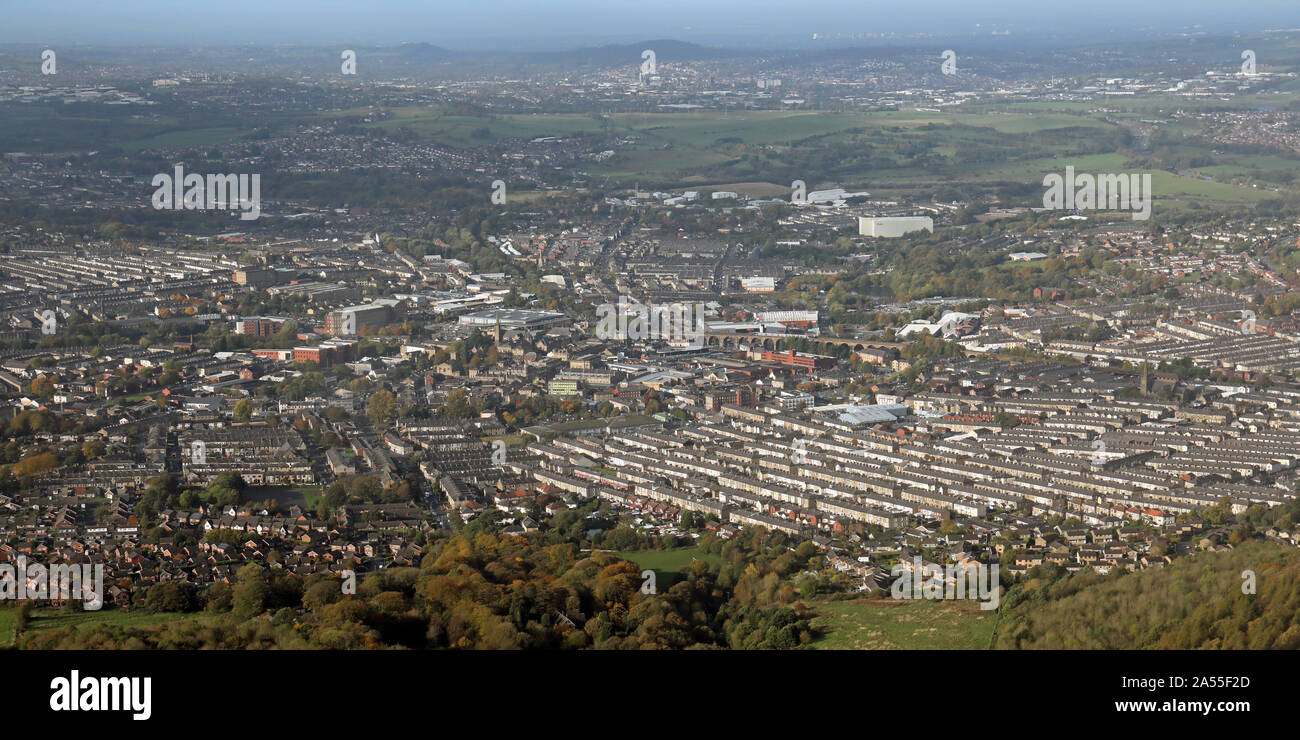 Luftaufnahme der Accrington Skyline und Stadtzentrum, Lancashire, Großbritannien Stockfoto