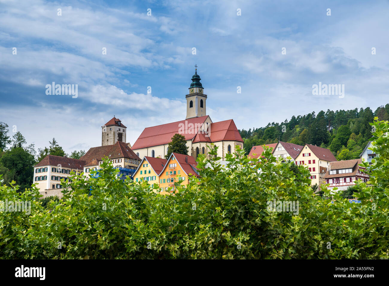 Deutschland, schöne Kathedrale und Altstadt Häuser von Schwarzwälder Dorf Horb am Neckar von grünen Bäumen mit blauem Himmel umgeben Stockfoto