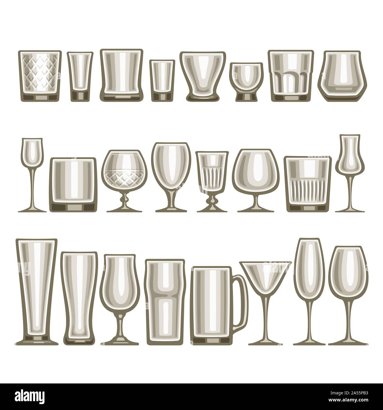Vektor einrichten verschiedener Gläser, 24 leere Glas Tassen verschiedene Form für Alkohol Getränke und Cocktails, Sammlung von grau glänzend Mock up Icons für Bar Stock Vektor