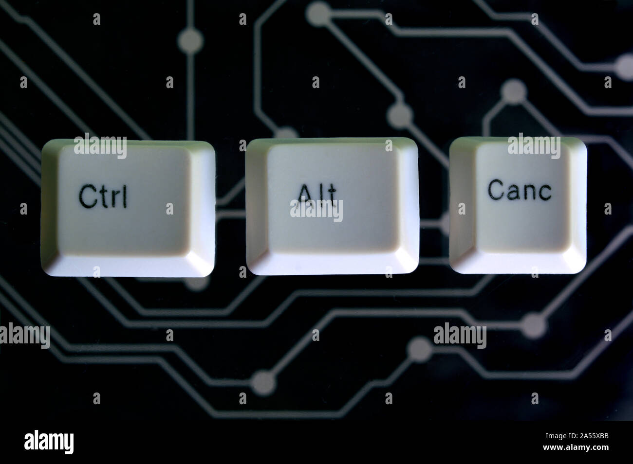Die Tasten der Tastatur Form das Wort CTRL ALT ANNU auf schwarz Stromkreis im Hintergrund Stockfoto