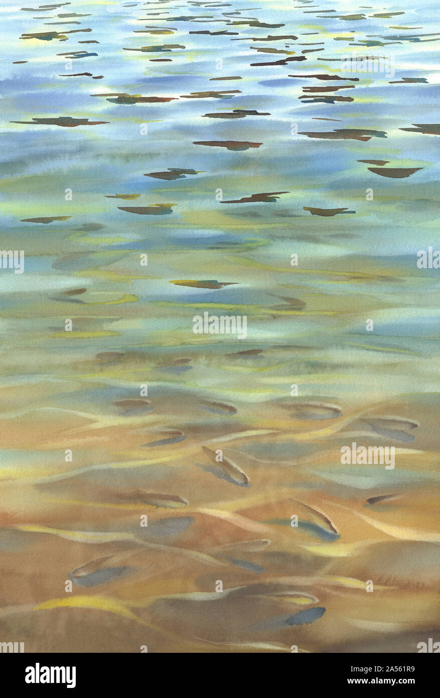Sonnig mit transparenten Wellen und Fische Aquarell Hintergrund. Zusammenfassung Hintergrund Stockfoto