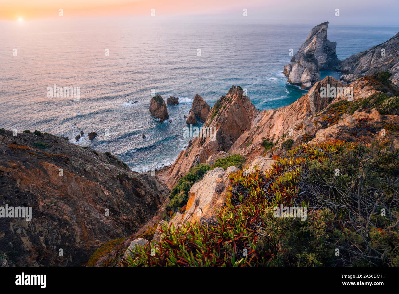 Praia da Ursa Strand Golden Sunset brennen. Blumen im Vordergrund und surreale Landschaft. Sintra, Portugal, Europa. Atlantik Küste Landschaft Stockfoto