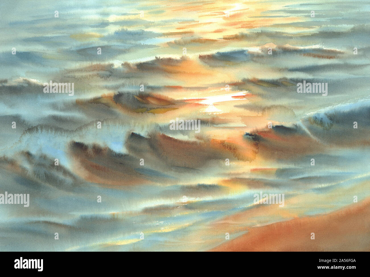 Abends Farben am Meer Aquarell Hintergrund. Wasser Reflexionen Stockfoto