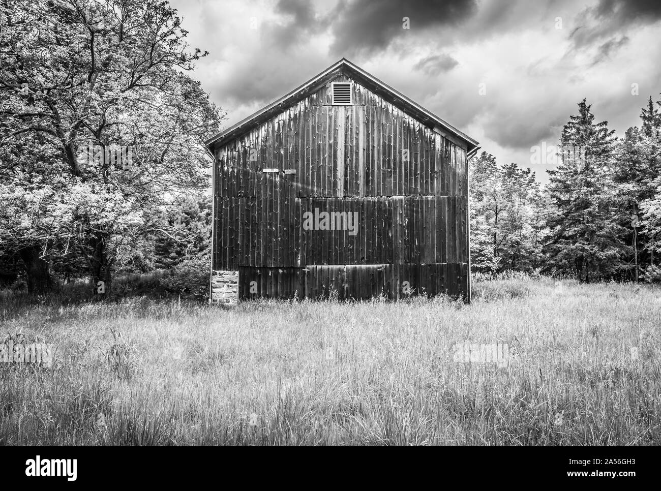 Alte Scheune entlang Valley Trail, B&W. Stockfoto