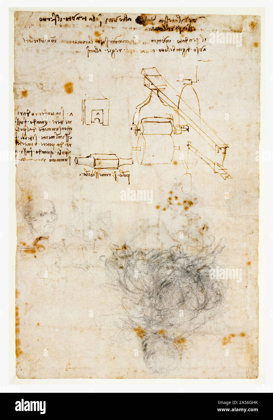 Leonardo Da Vinci, Leiter eines alten Mannes und Studien von Maschinen, Zeichnung, 1503-1506 Stockfoto