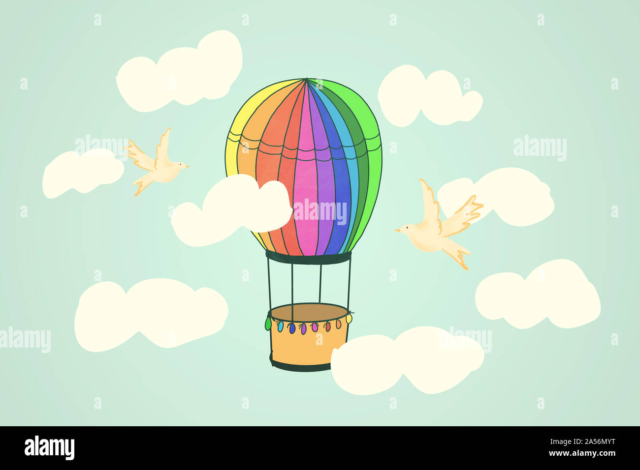 Das farbenfrohe, baloon fliegen durch den bewölkten Himmel mit der Vögel begleiten. Stockfoto