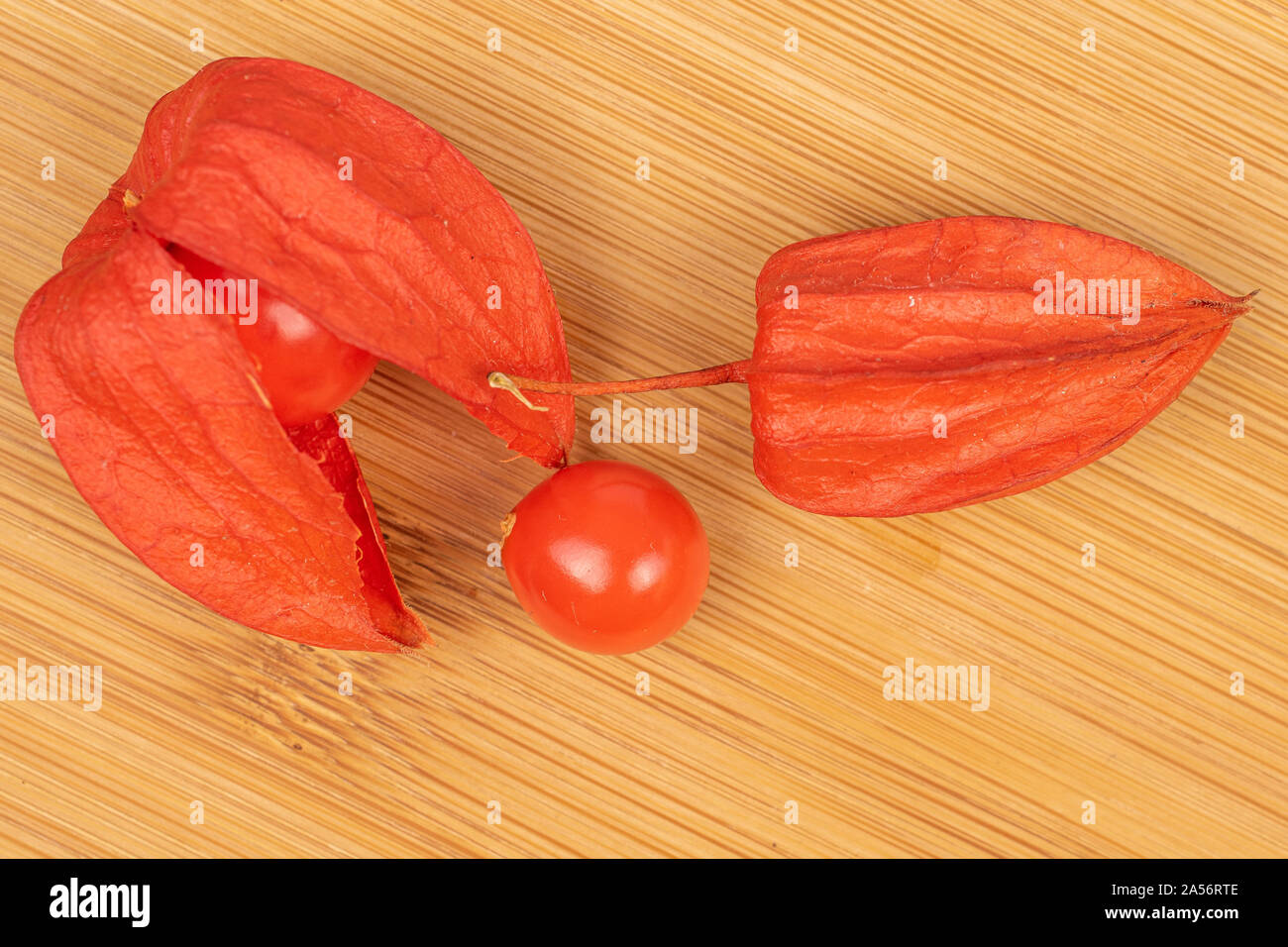 Gruppe von drei ganzen frischen Orange physalis flatlay auf hellem Holz. Stockfoto