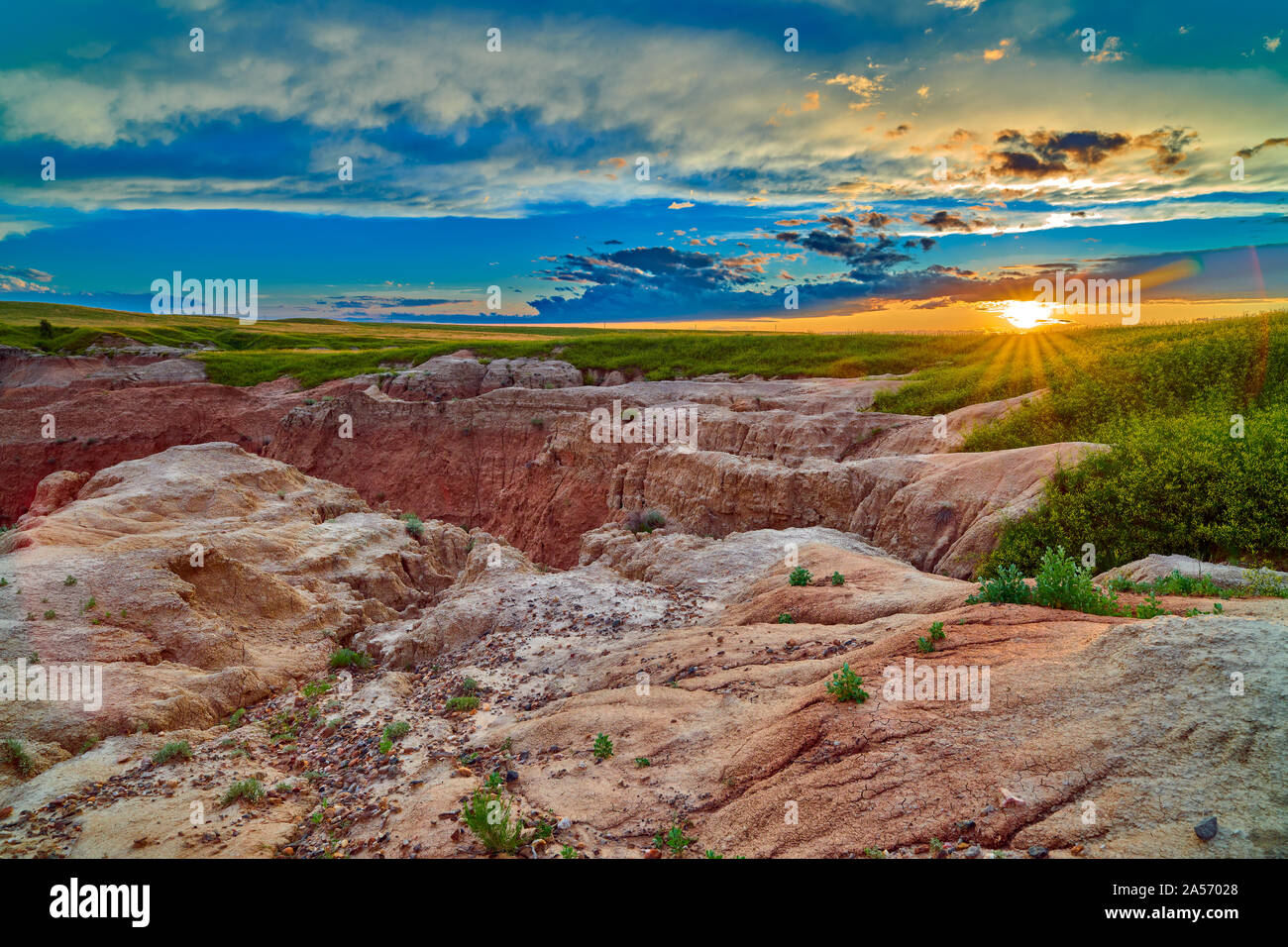 Sonnenuntergang bei Badlands National Park, South Dakota. Stockfoto