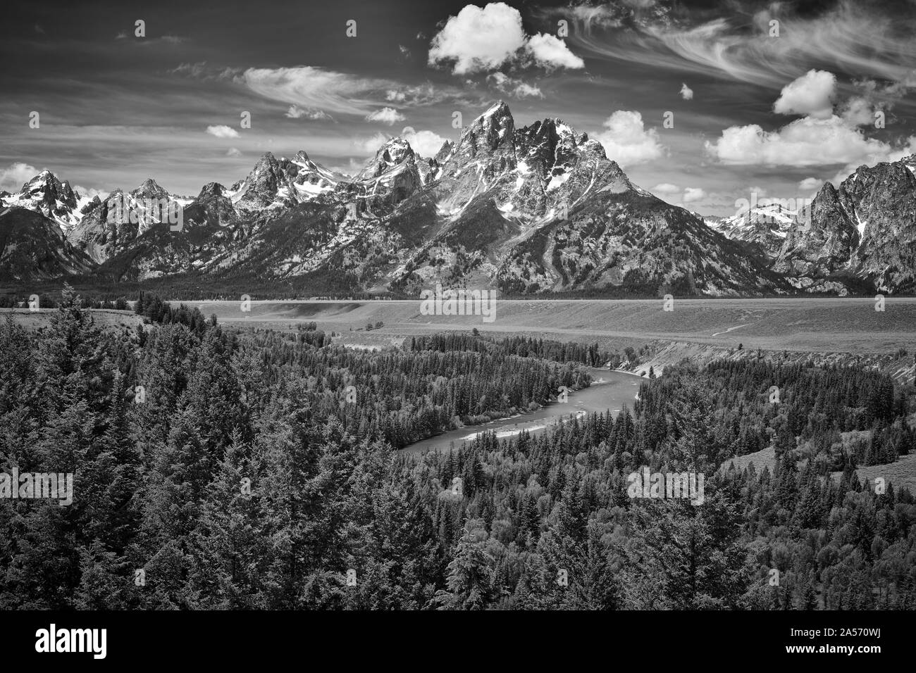 Die Grand Teton Berge mit dem sanke River, Wyoming. Stockfoto