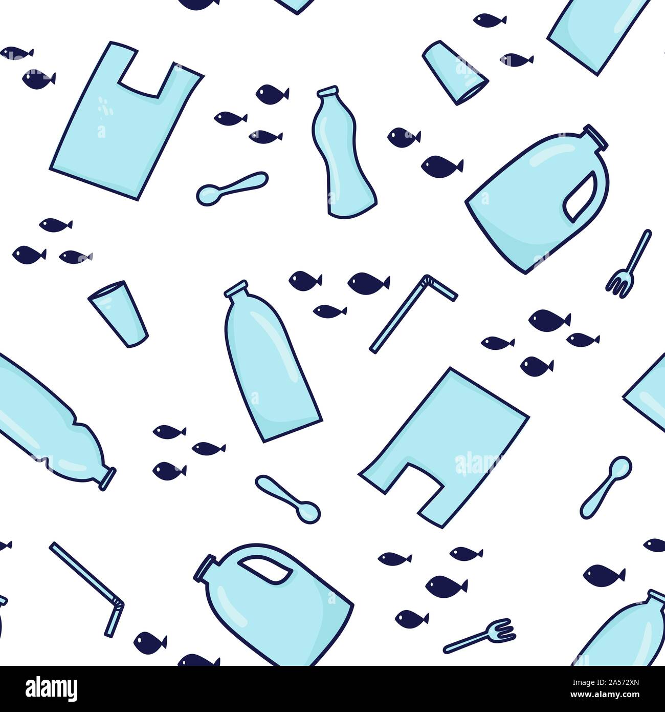 Nahtlose Muster Hintergrund. Plastik Müll (Beutel, Flasche, Kunststoff conteners, Strohhalme, Besteck) in den Ozean. Vector Illustration in doodle Stil. Ozean Konzept Schützen Stock Vektor