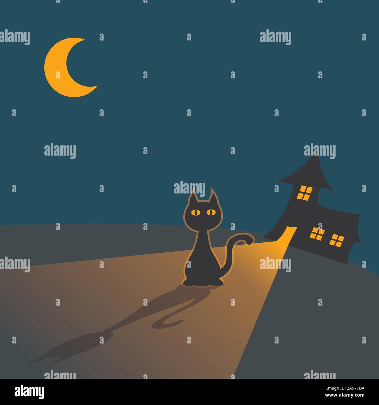 Silhouette cat hill Haus Mond Nacht Light black durch jziprian Stock Vektor
