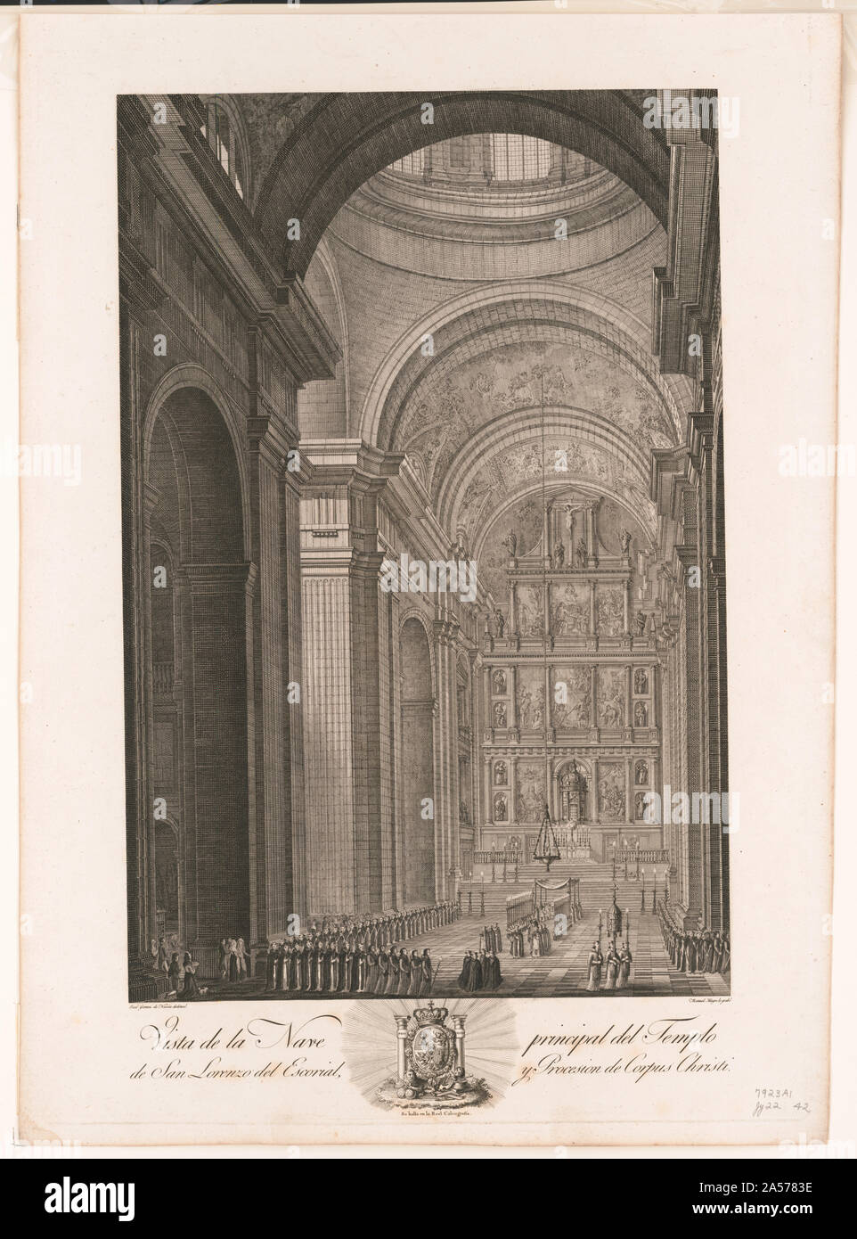 Vista de la nave Principal del Templo de San Lorenzo del Escorial, y procesion de Corpus Christi Stockfoto