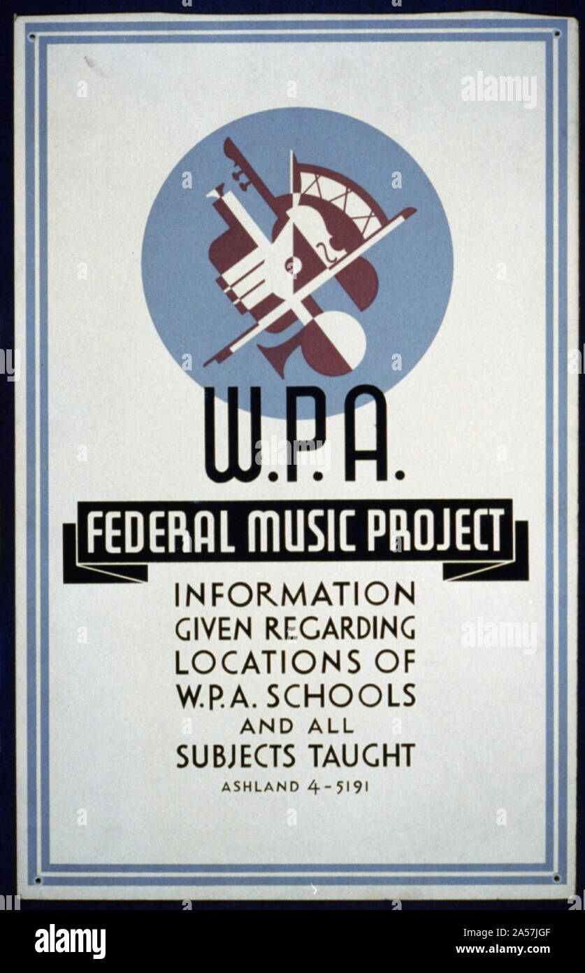 W.P.A. Bund Musik Projekt Informationen über Standorte von W.P.A. Schulen und alle Fächer Abstract: Plakat für Bundes Musik Projekt Liste Telefonnummer für Informationen über W.P.A. Schulen und Themen zu nennen. Stockfoto