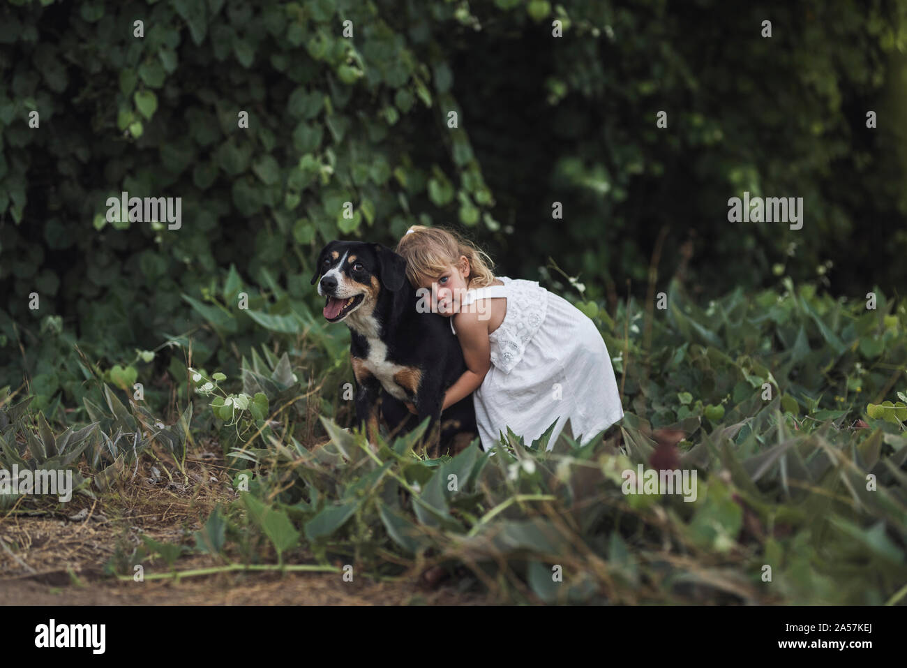 Lachend mom Knieten zu umarmen, 4 Jahre alte Tochter in der Nähe von üppiger Pflanzen Stockfoto